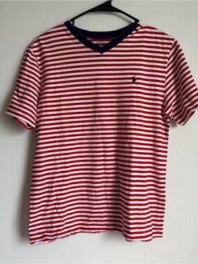 Polo by Ralph Lauren Red & White Striped V-Neck Tee with Navy Trim